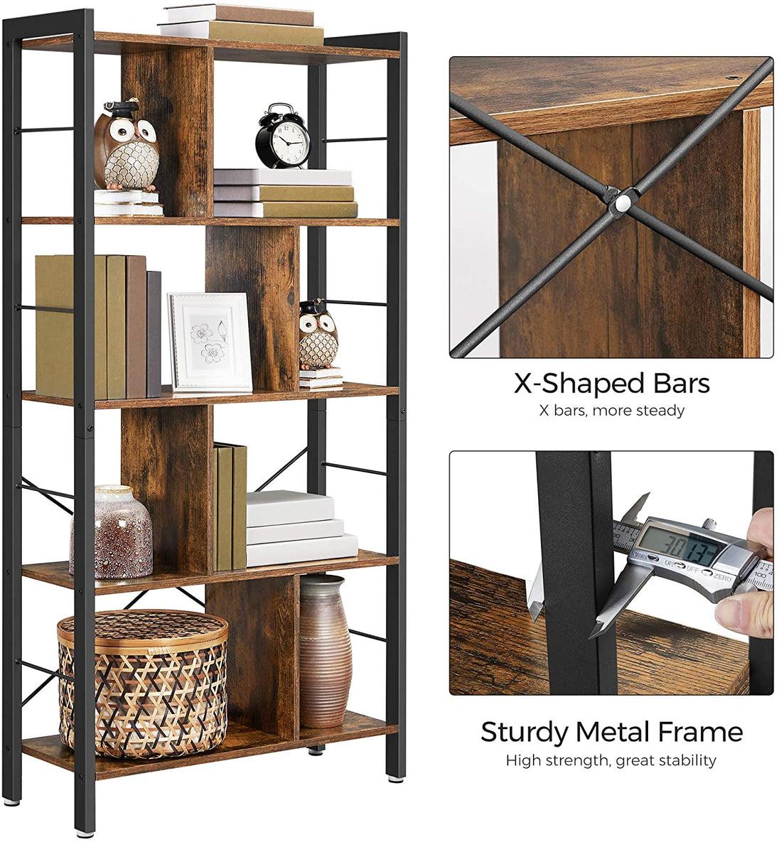 4-Tier Industrial Bookshelf Stable Iron Frame, Rustic Brown - Delldesign Living - Furniture > Living Room - free-shipping