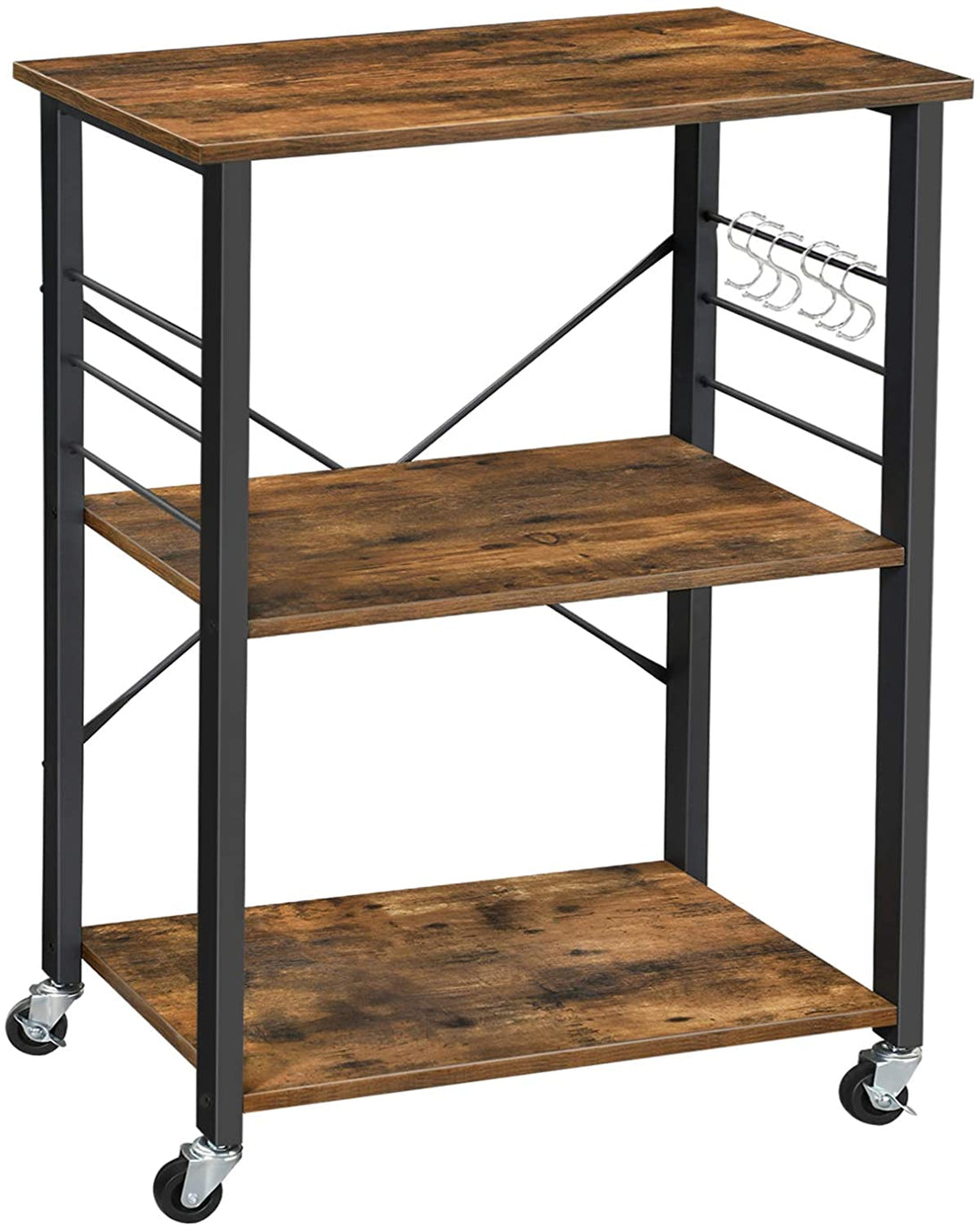 Kitchen Baker's Rack,  3-Tier Serving Cart with Metal Frame and 6 Hooks, Rustic Brown - Delldesign Living - Furniture > Living Room - free-shipping