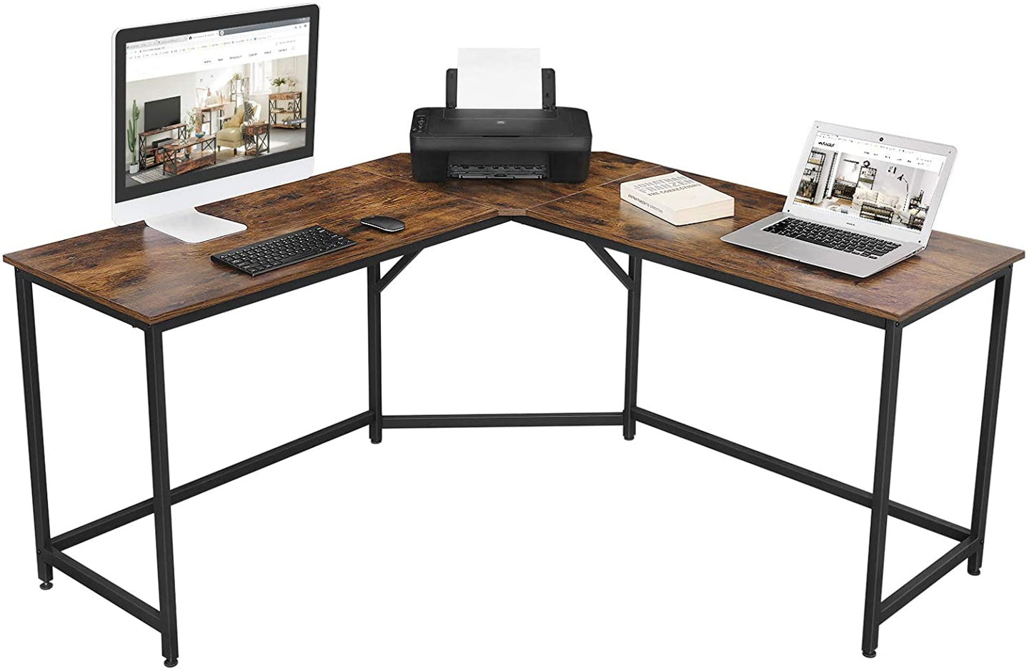 L-Shaped Computer Desk, Rustic Brown and Black - Delldesign Living - Furniture > Living Room - free-shipping