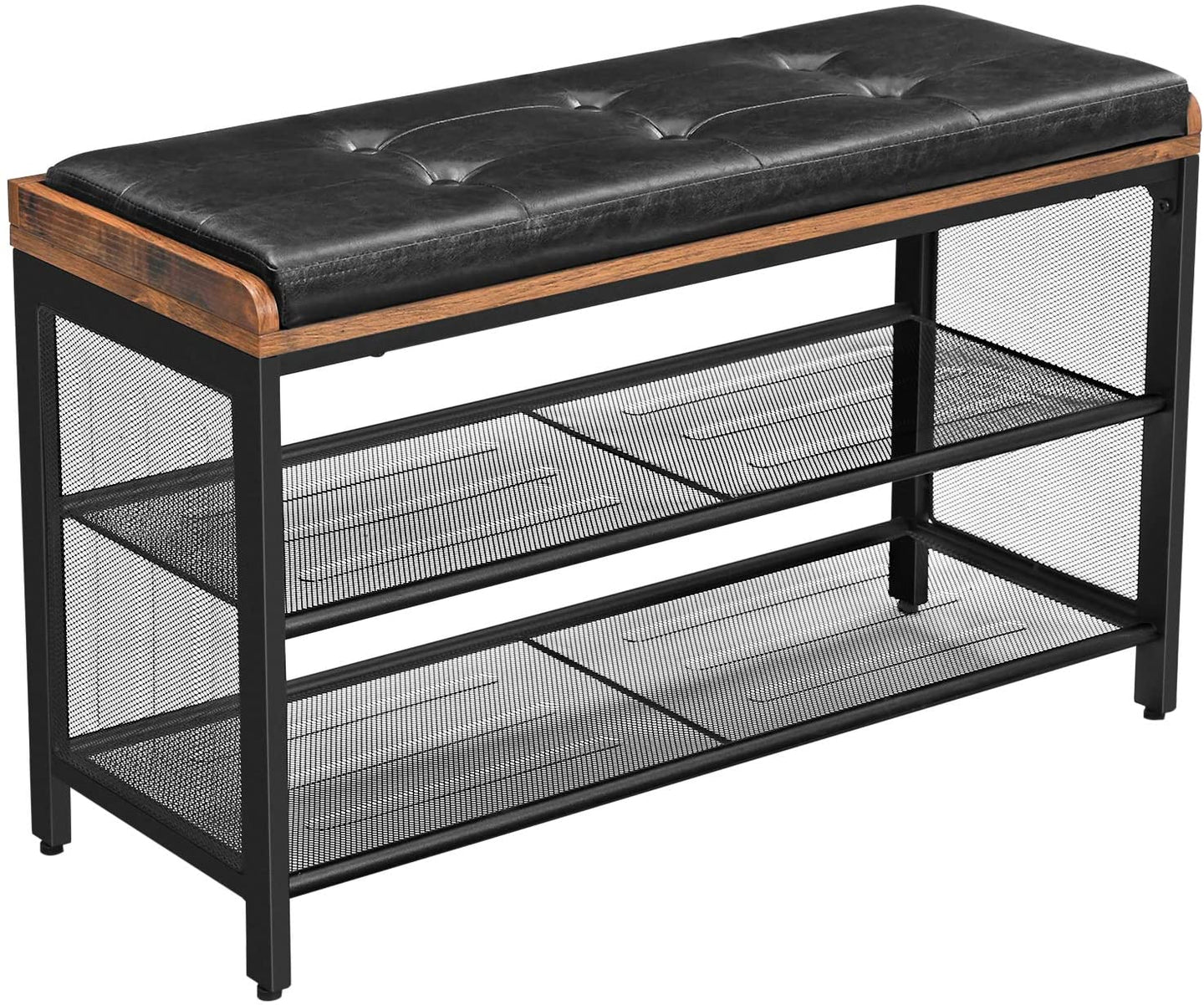 Shoe Bench with Mesh Shelf and Faux Leather Vintage Brown Black 80 x 30 x 48 cm - Delldesign Living - Furniture > Living Room - free-shipping