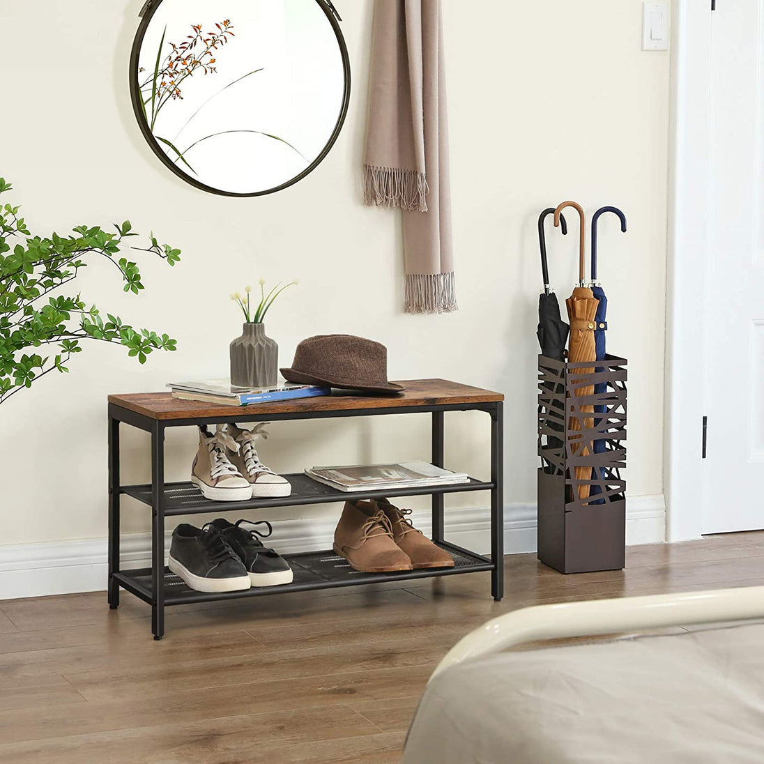 Shoe Rack with 2 Mesh Shelves, Rustic Brown and Black - Delldesign Living - Furniture > Living Room - free-shipping