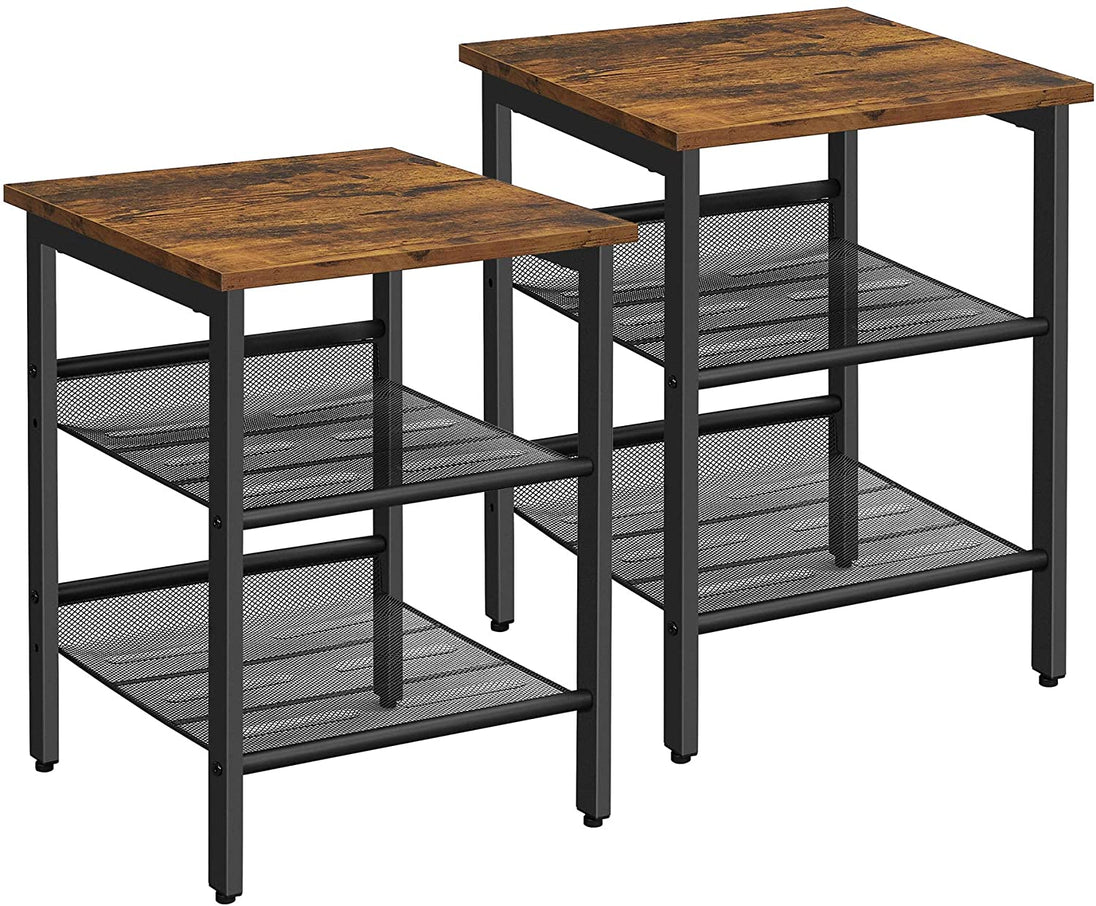 Industrial Set of 2 Bedside Tables with Adjustable Mesh Shelves Rustic Brown and Black - Delldesign Living - Furniture > Living Room - free-shipping