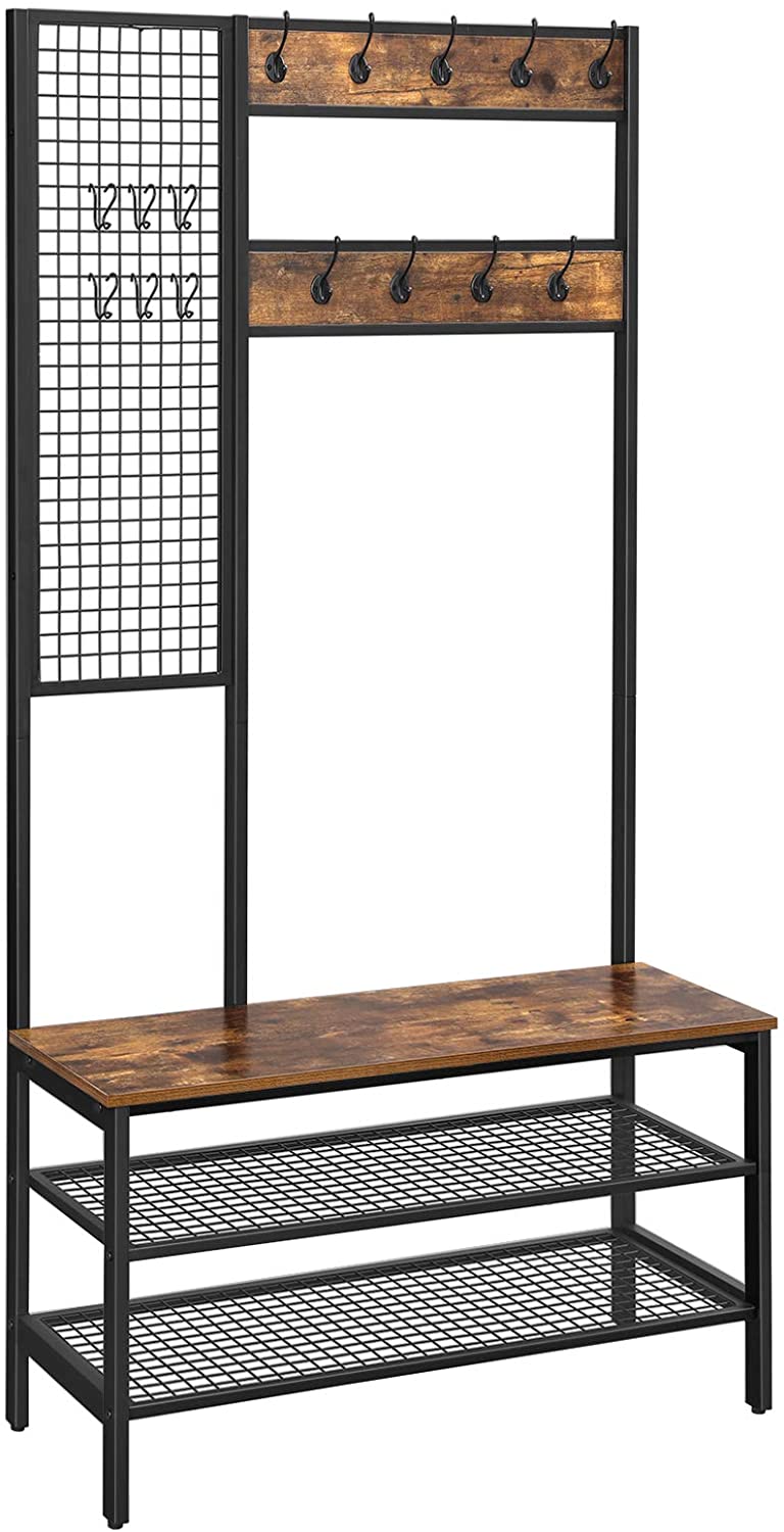 Coat Rack Stand Industrial Style with Grid Wall and Shoe storage 185 cm Tall Rustic Brown - Delldesign Living - Furniture > Living Room - free-shipping