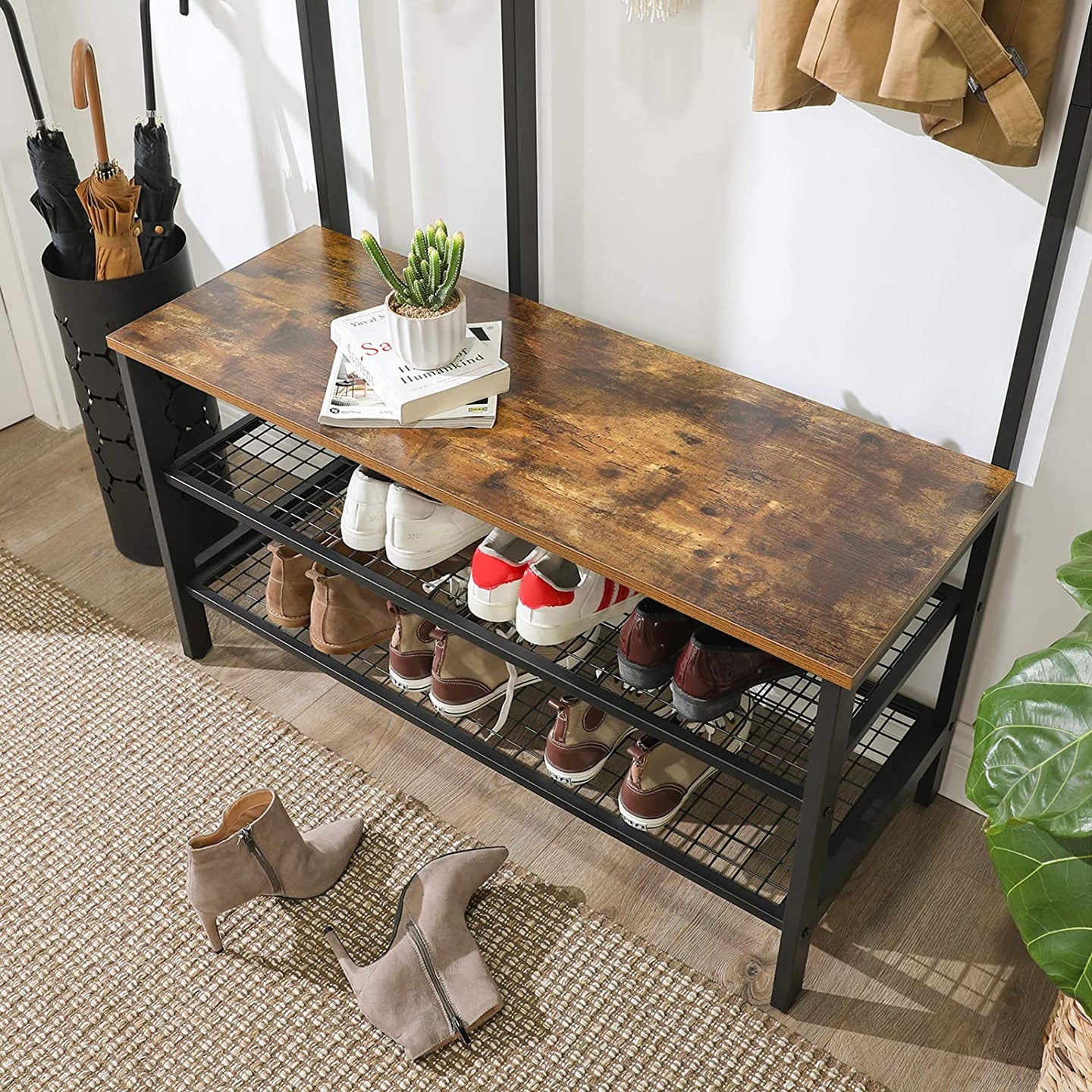Coat Rack Stand Industrial Style with Grid Wall and Shoe storage 185 cm Tall Rustic Brown - Delldesign Living - Furniture > Living Room - free-shipping