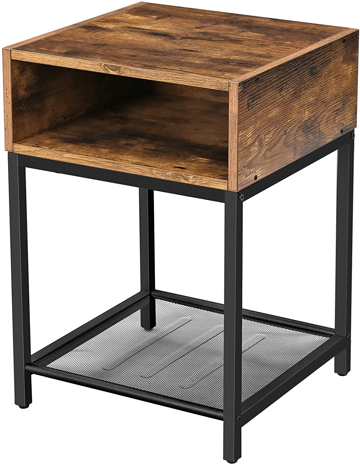 Side Table with Open Compartment and Mesh Shelf Rustic Brown and Black - Delldesign Living - Furniture > Living Room - free-shipping