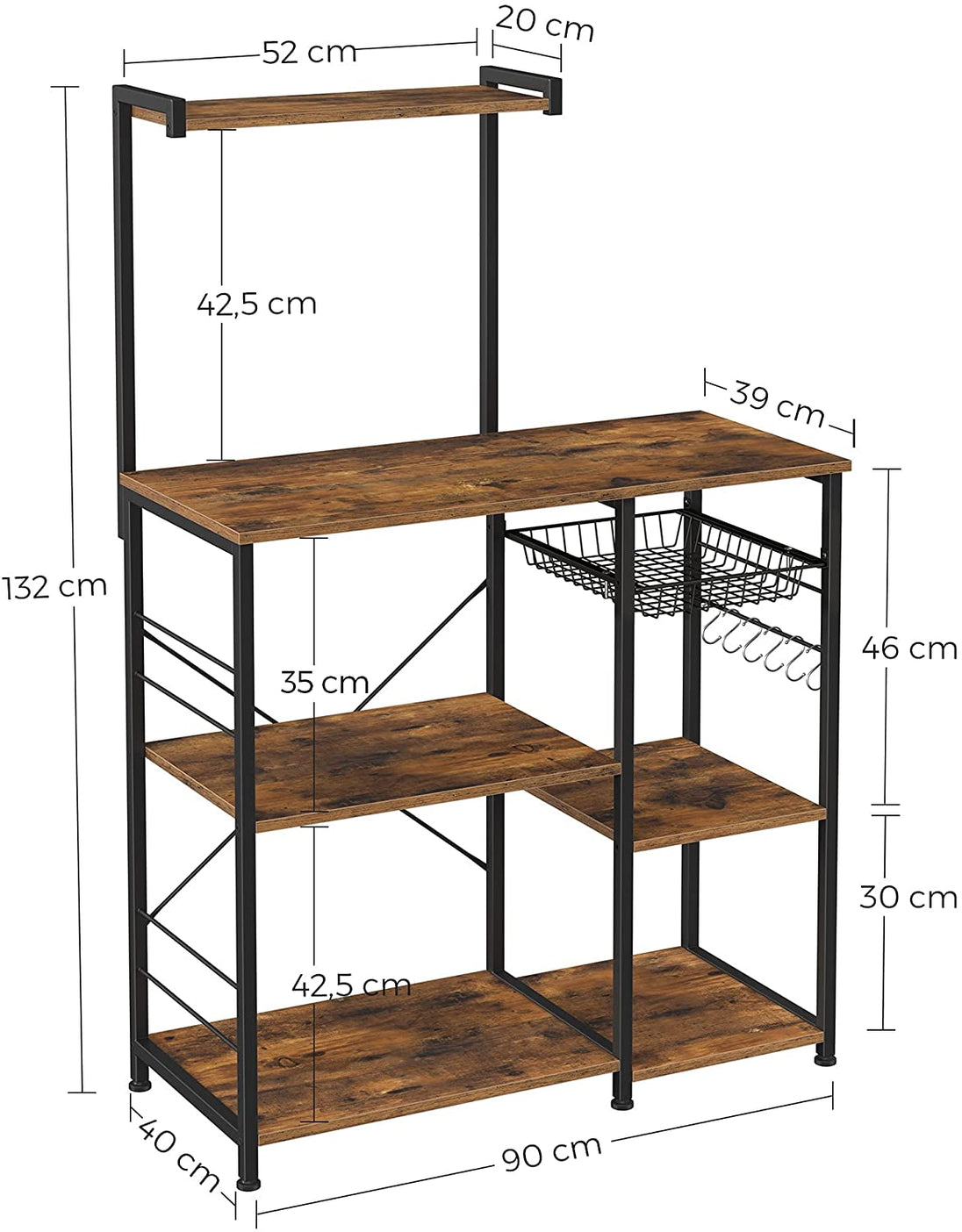 Kithcen Baker's Rack with Shelves Microwave Stand with Wire Basket and 6 S-Hooks Rustic Brown - Delldesign Living - Furniture > Living Room - free-shipping