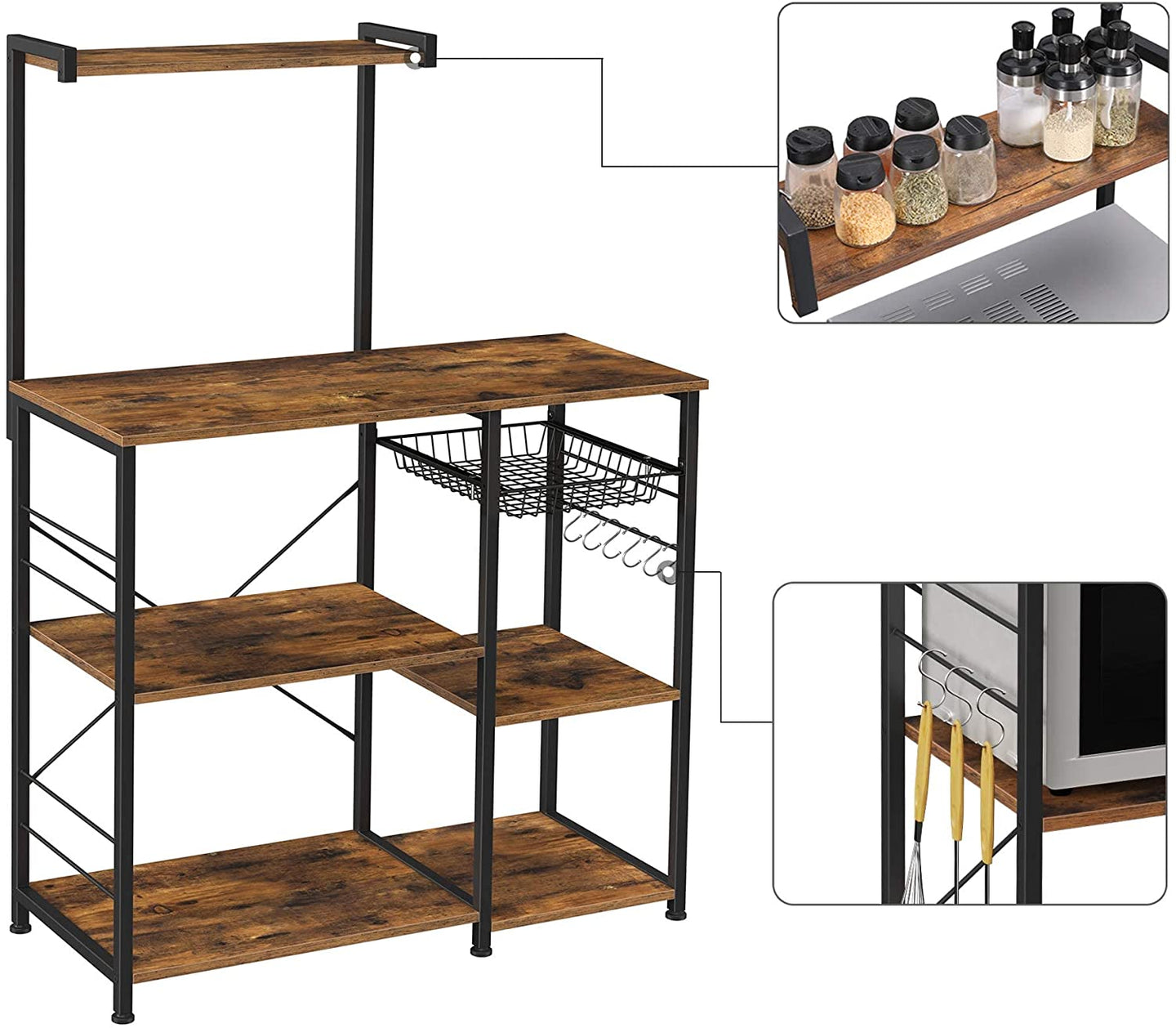 Kithcen Baker's Rack with Shelves Microwave Stand with Wire Basket and 6 S-Hooks Rustic Brown - Delldesign Living - Furniture > Living Room - free-shipping