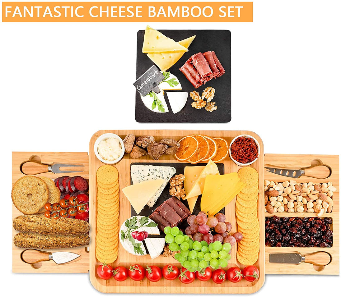 Bamboo Cheese Board Set with Knife Set with 4 Stainless Steel Knife & Thick Wooden tray for Wine Crackers, Brie and Meat - Delldesign Living - Home & Garden > Kitchenware - free-shipping