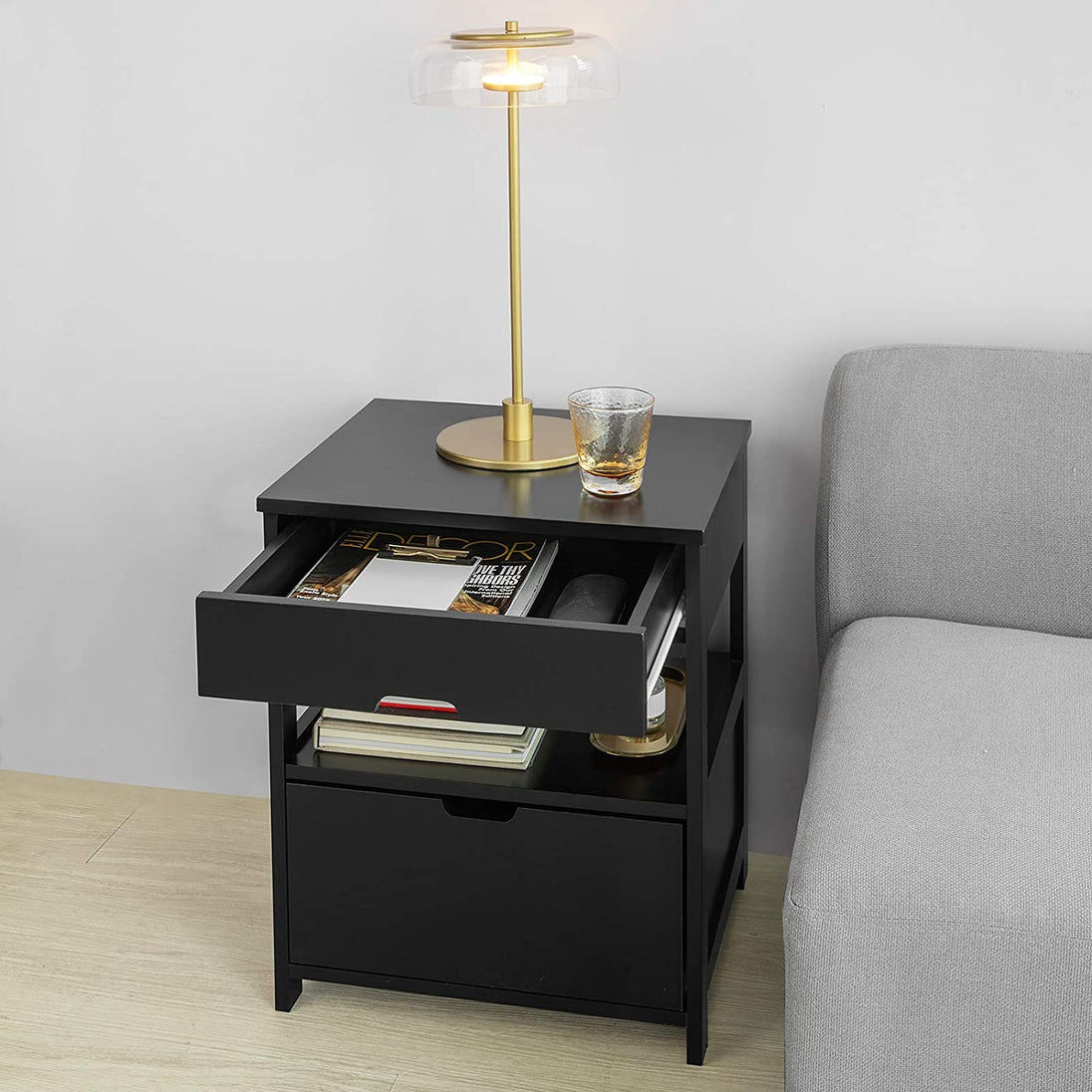 Black Bedside Table with 2 Drawers - Delldesign Living - Furniture > Bedroom - free-shipping, hamptons