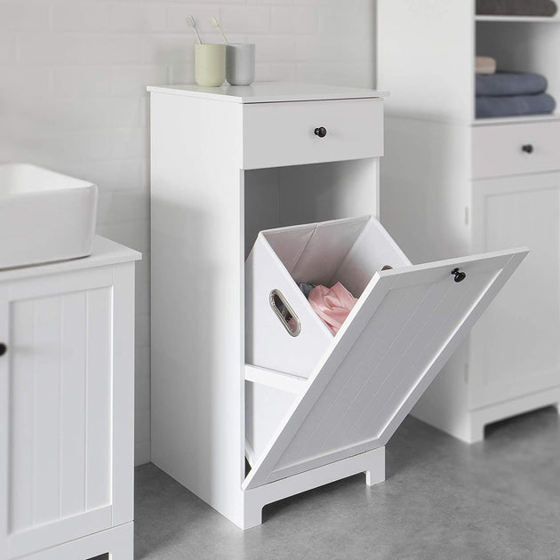White Bathroom Cabinet with Laundry Basket and Drawer - Delldesign Living - Home & Garden > Storage - free-shipping, hamptons