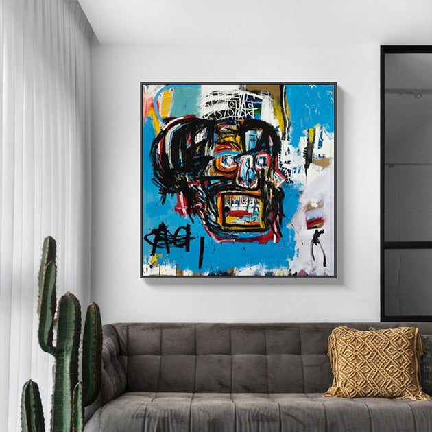 60cmx60cm Blue Head By Basquiat Black Frame Canvas Wall Art - Delldesign Living - Home & Garden > Wall Art - free-shipping