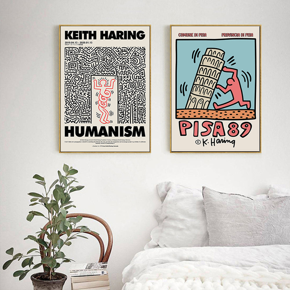 60cmx60cm Wall art By Keith Haring 2 Sets Gold Frame Canvas - Delldesign Living - Home & Garden > Wall Art - free-shipping