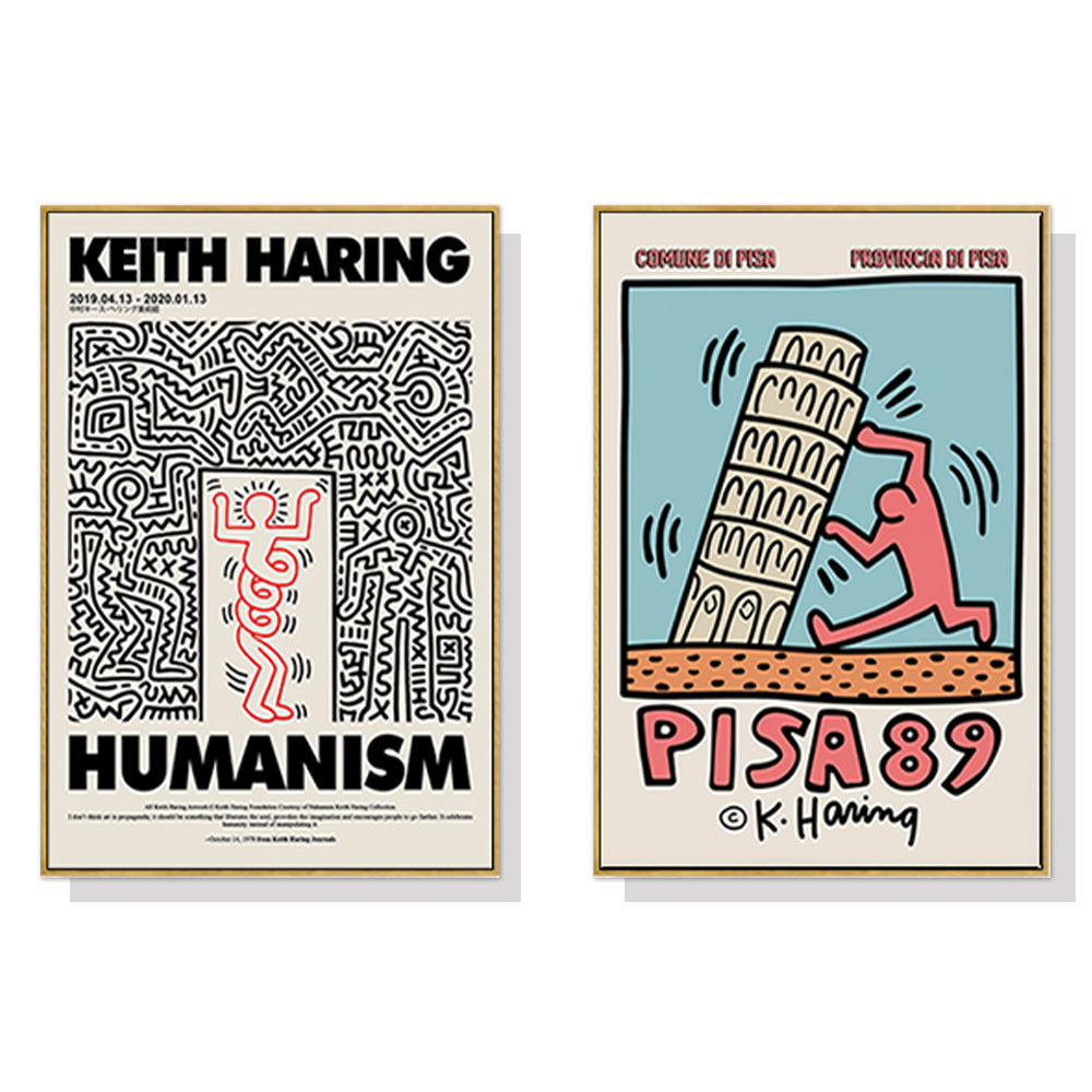 60cmx60cm Wall art By Keith Haring 2 Sets Gold Frame Canvas - Delldesign Living - Home & Garden > Wall Art - free-shipping