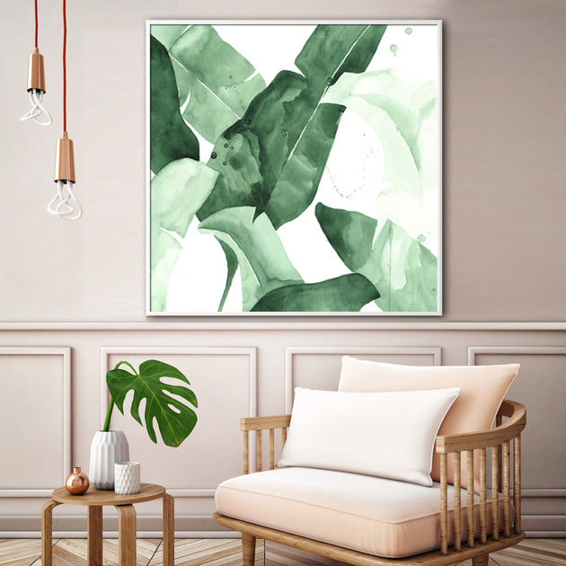60cmx60cm Tropical Leaves Square Size White Frame Canvas Wall Art - Delldesign Living - Home & Garden > Wall Art - free-shipping