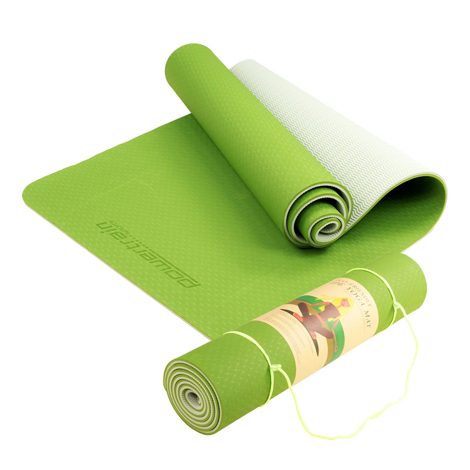 Powertrain Eco-Friendly Dual layer 8mm Yoga Mat | Lime Green | Non-Slip Surface, and Carry Strap for Ultimate Comfort and Portability