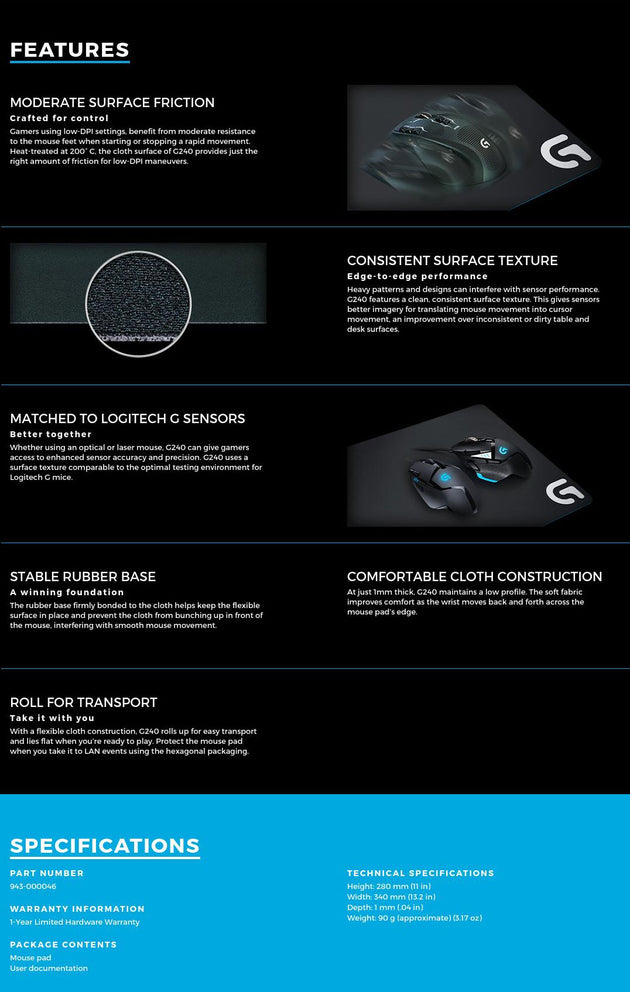 Logitech G240 Cloth Gaming Mouse Pad (943-000046) - Delldesign Living - Electronics > Computer Accessories - free-shipping