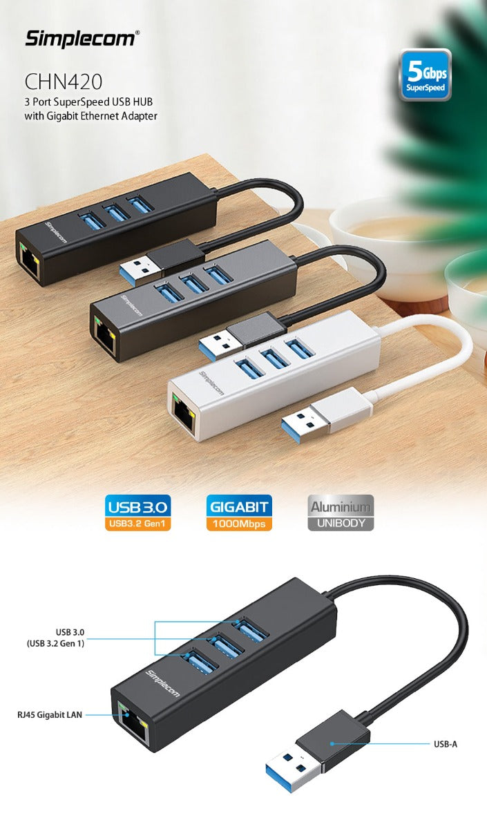 Simplecom CHN420 Aluminium 3 Port SuperSpeed USB HUB with Gigabit Ethernet Adapter Black - Delldesign Living - Electronics > USB Gadgets - free-shipping