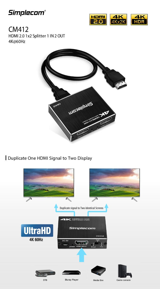 Simplecom CM412 HDMI 2.0 1x2 Splitter 1 IN 2 Out 4K@60Hz HDR10 2 Port HDMI Duplicator - Delldesign Living - Electronics > USB Gadgets - free-shipping